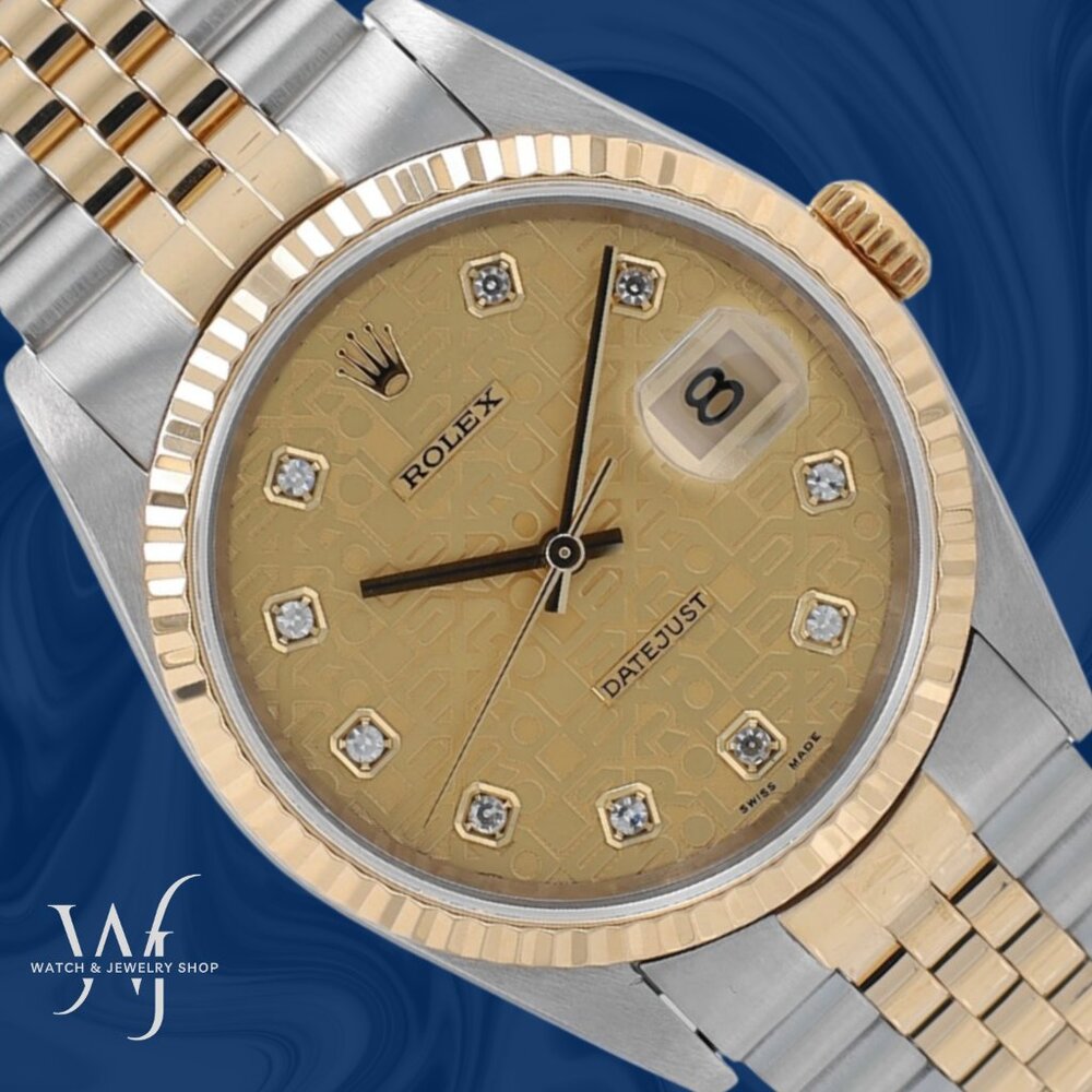Rolex Mens Datejust 36mm Two Tone Champagne Jubilee Diamond Dial Fluted Jubilee
